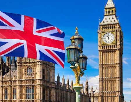 British flag, Big Ben, Houses of Parliament and British flag composition
