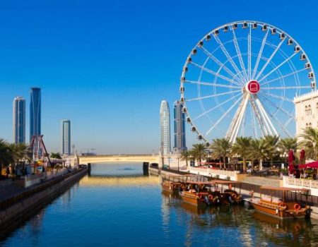 View of the Al Qasba, entertainment and business landmark in Sharjah, UAE